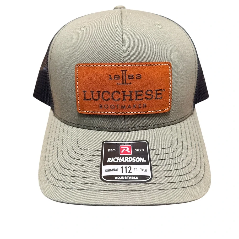 Lucchese Mens Trucker Hat Richardson 112 Leather Patch Sage Green Mesh Snapback